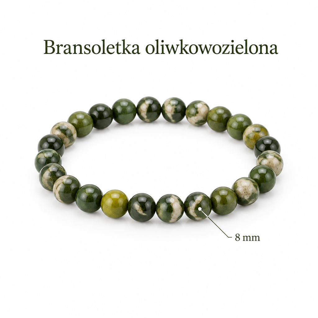 Bransoletka oliwkowozielona, specyfikacja po polsku, koraliki 8 mm