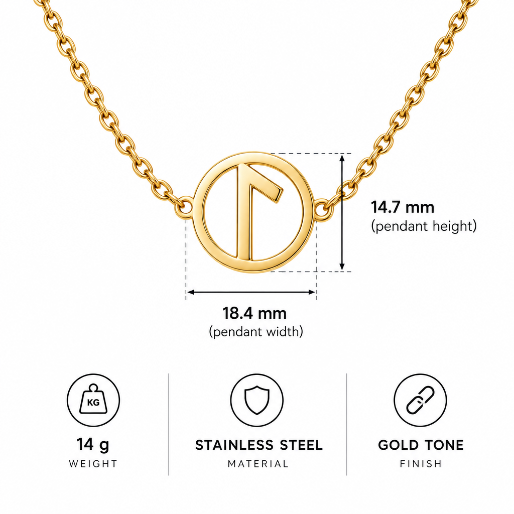 Wymiary i specyfikacja zlotego naszyjnika z symbolem runicznym 14,7 na 18,4 mm