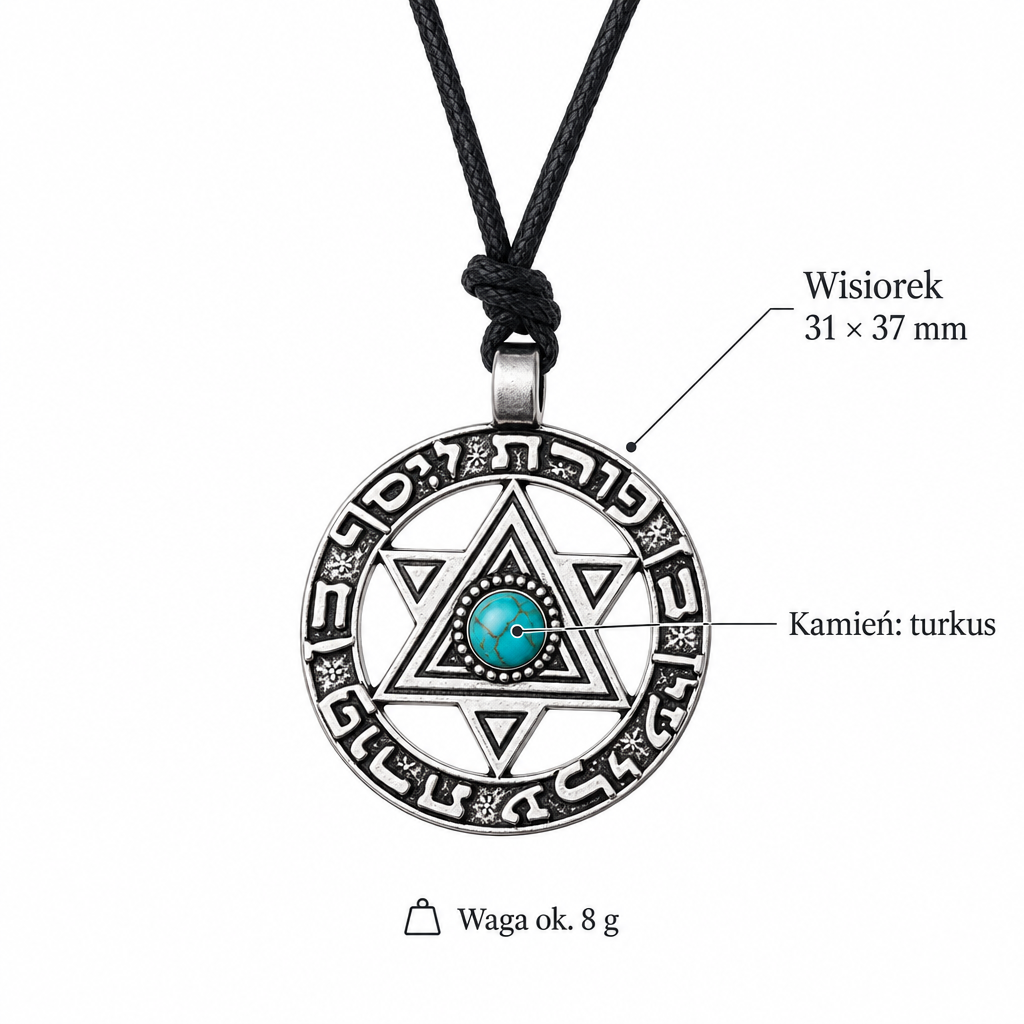 Specyfikacja naszyjnika z gwiazdą Dawida i turkusem – wisiorek 31 × 37 mm, kamień turkus, waga ok. 8 g