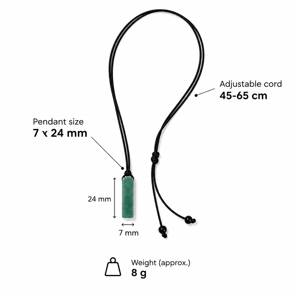 Specyfikacja naszyjnika z kamieniem naturalnym – wisiorek 7 × 24 mm, sznurek regulowany 45–65 cm, waga ok. 8 g