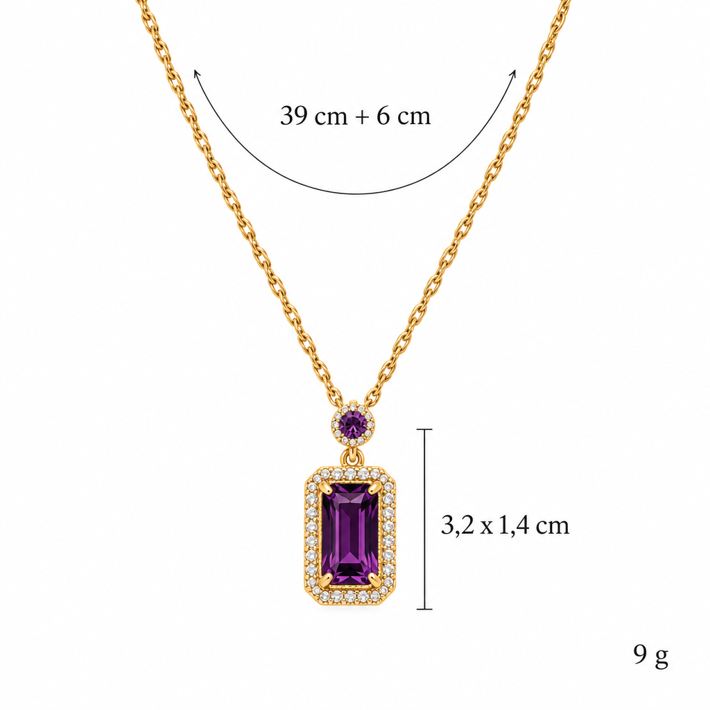 Wymiary naszyjnika z fioletową cyrkonią: długość 39 cm + 6 cm, kamień 3,2 x 1,4 cm, waga 9 g
