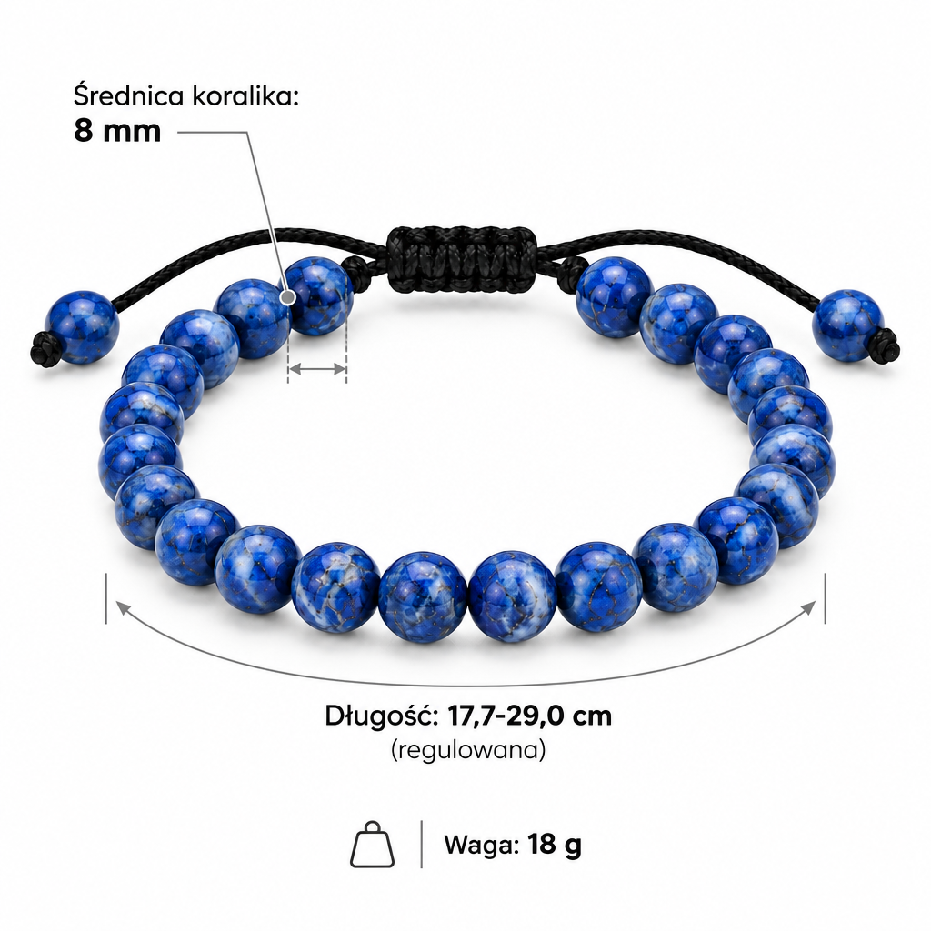 Specyfikacja bransoletki z niebieskiego kamienia cesarskiego: średnica koralika 8 mm, długość regulowana 17,7–29,0 cm, waga 18 g