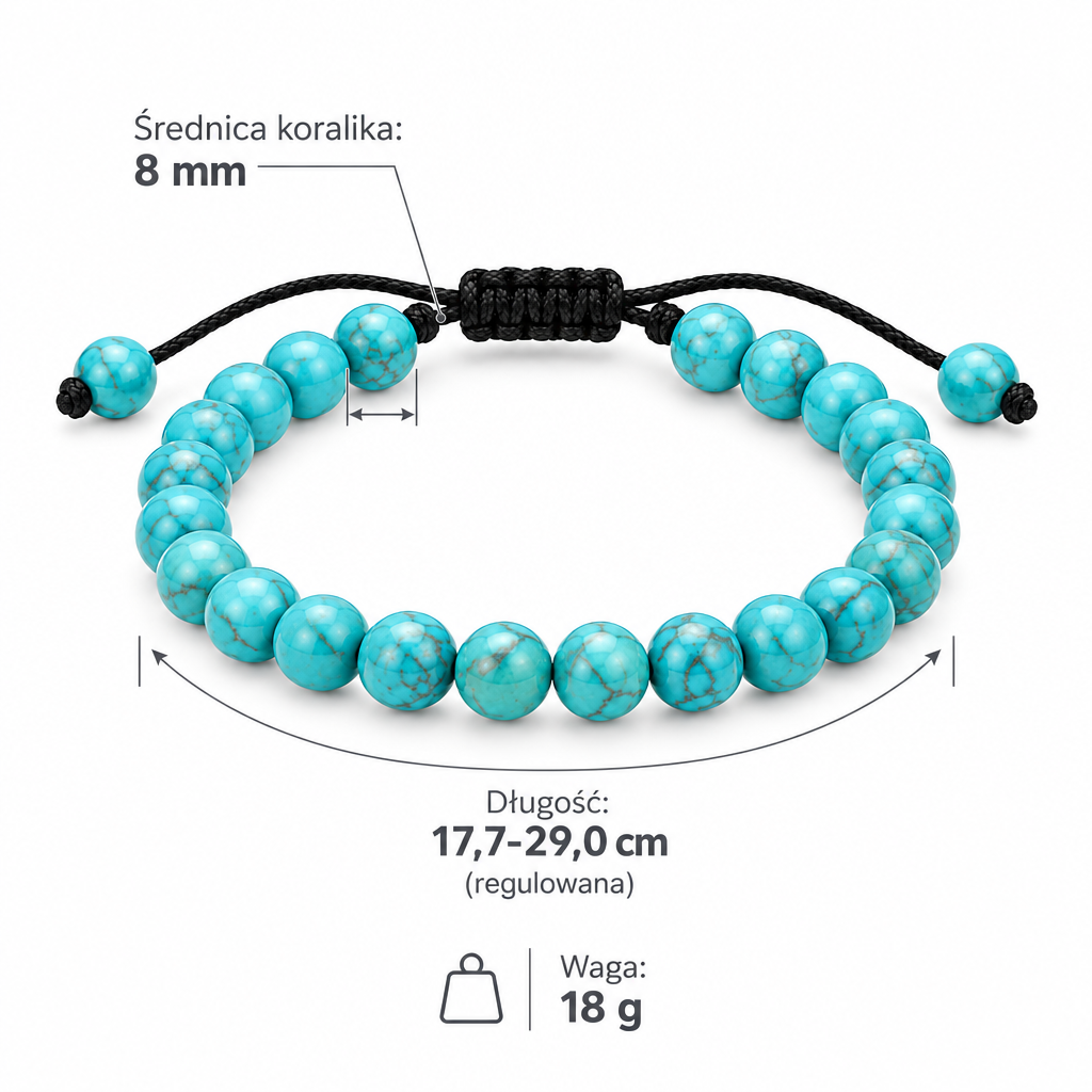Specyfikacja bransoletki z kamieni naturalnych: średnica koralika 8 mm, długość regulowana 17,7–29,0 cm, waga 18 g