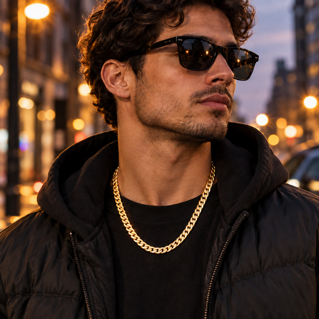Złoty naszyjnik pancerka w stylizacji streetwear na miejskiej ulicy