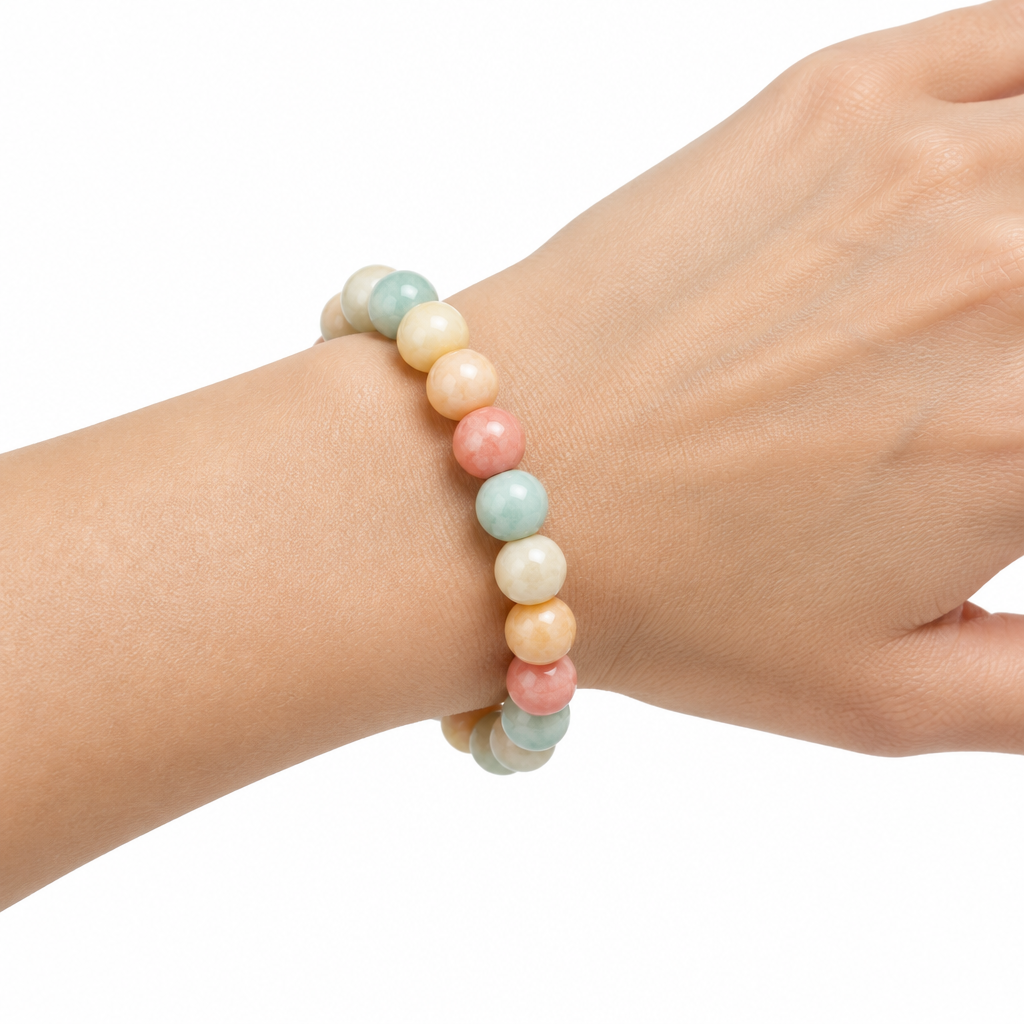 Bransoletka Shoushan Stone 8 mm na nadgarstku modelki, biale tlo