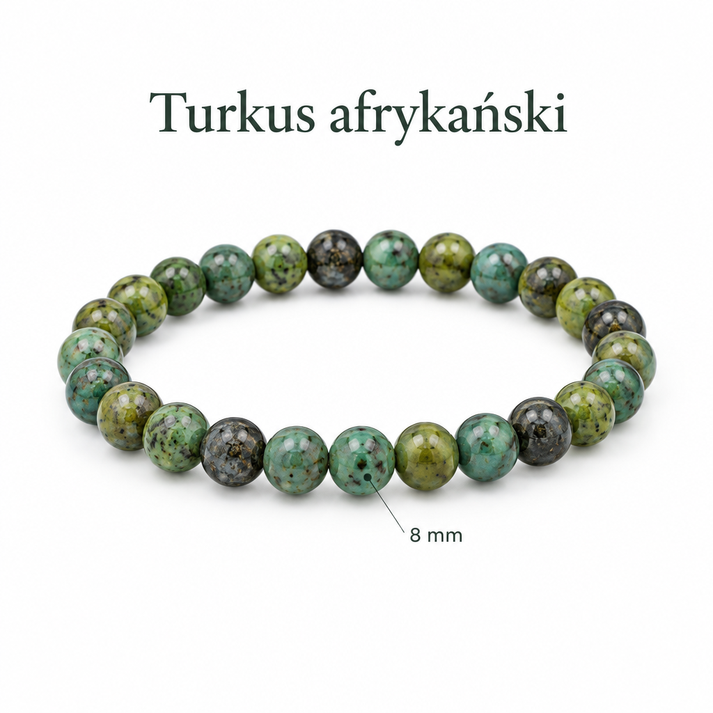 Bransoletka turkus afrykanski, specyfikacja po polsku, koraliki 8 mm