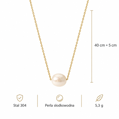 Wymiary naszyjnika z perłą: długość 40 cm + 5 cm, waga 5,3 g