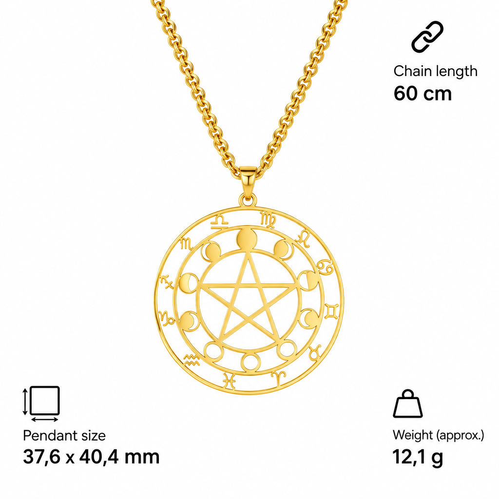 Specyfikacja złotego naszyjnika z pentagramem i zodiakiem – wisiorek 37,6 × 40,4 mm, łańcuszek 60 cm, waga ok. 12,1 g