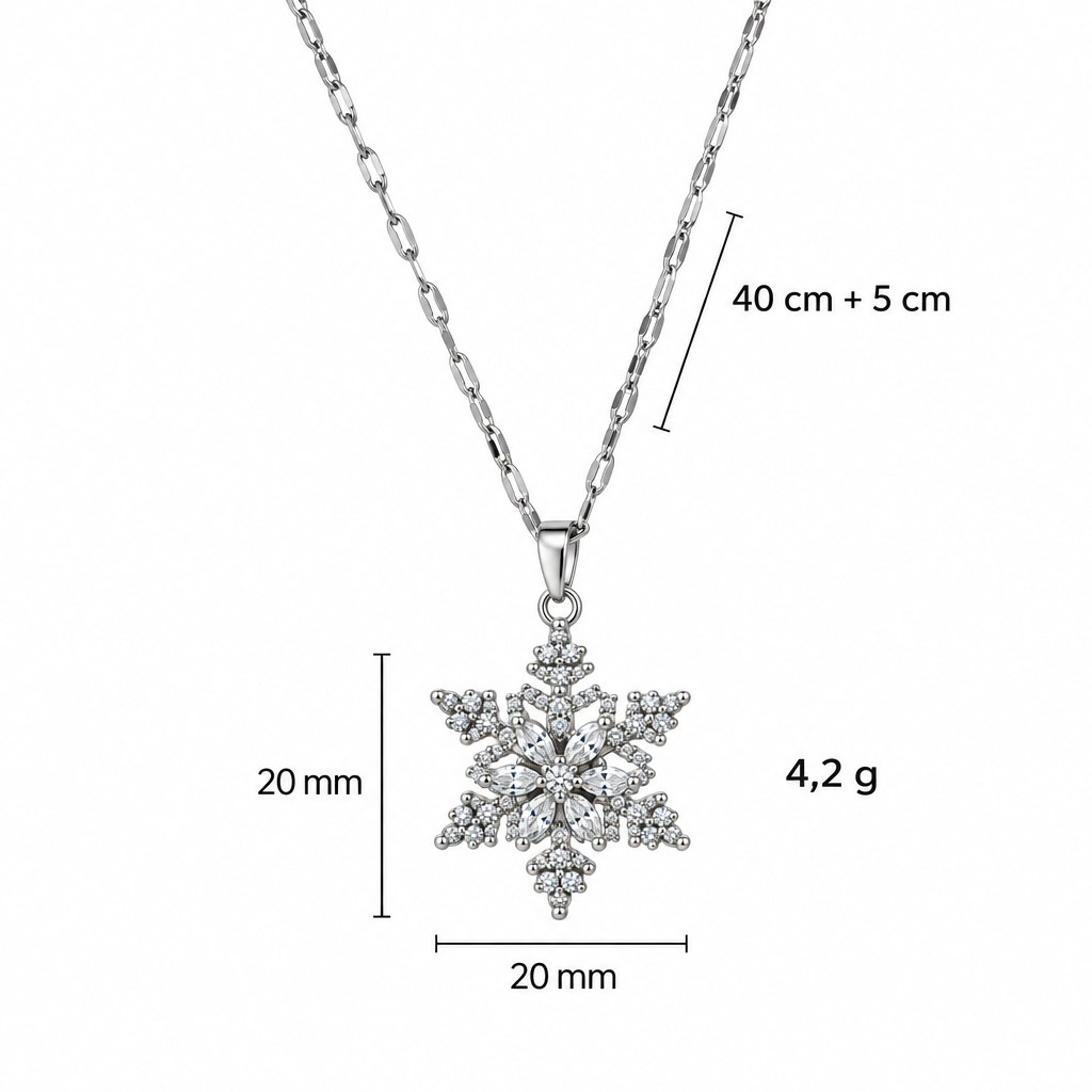 Wymiary naszyjnika śnieżynka: długość 40 cm + 5 cm, zawieszka 20 x 20 mm, waga 4,2 g