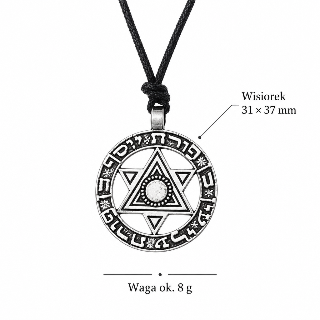 Specyfikacja naszyjnika z gwiazdą Dawida – wisiorek 31 × 37 mm, waga ok. 8 g, woskowany sznurek