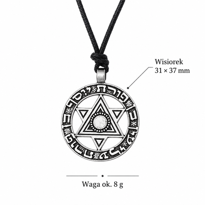 Specyfikacja naszyjnika z gwiazdą Dawida – wisiorek 31 × 37 mm, waga ok. 8 g, woskowany sznurek