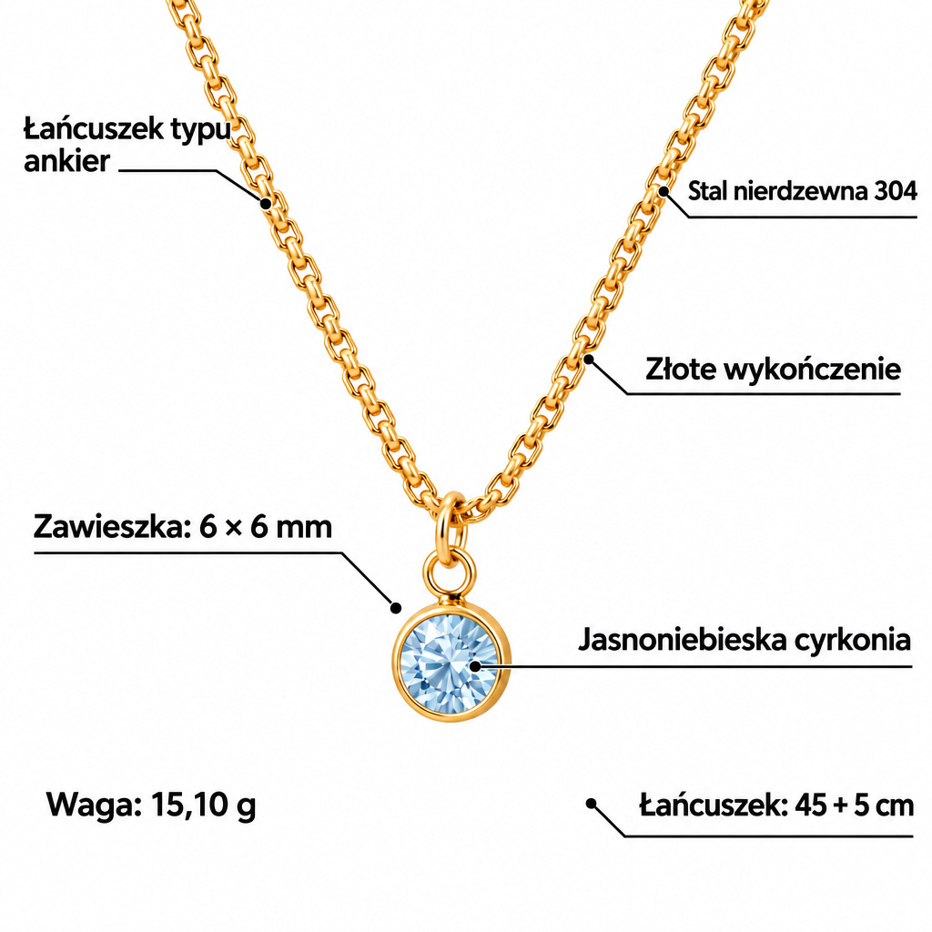 Specyfikacja naszyjnika: stal 304, złote wykończenie, jasnoniebieska cyrkonia, zawieszka 6 × 6 mm, łańcuszek 45 + 5 cm, waga 15,10 g