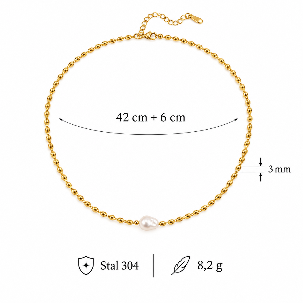Wymiary chokera z perłą: długość 42 cm + 6 cm, szerokość 3 mm, waga 8,2 g