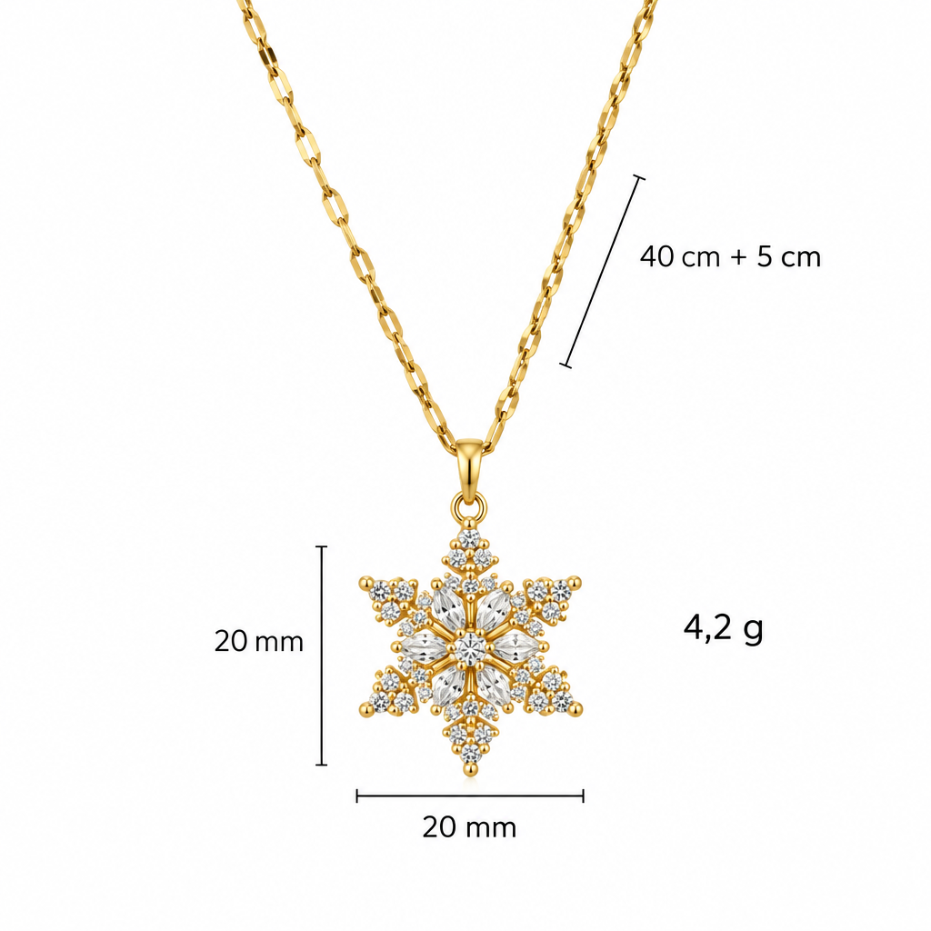 Wymiary złotego naszyjnika śnieżynka: długość 40 cm + 5 cm, zawieszka 20 x 20 mm, waga 4,2 g