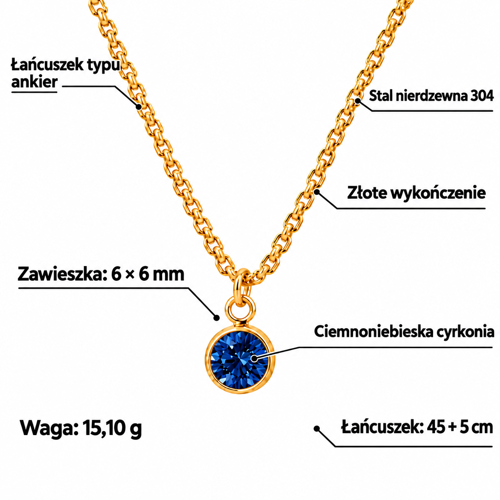 Specyfikacja naszyjnika: stal 304, złote wykończenie, ciemnoniebieska cyrkonia, zawieszka 6 × 6 mm, łańcuszek 45 + 5 cm, waga 15,10 g