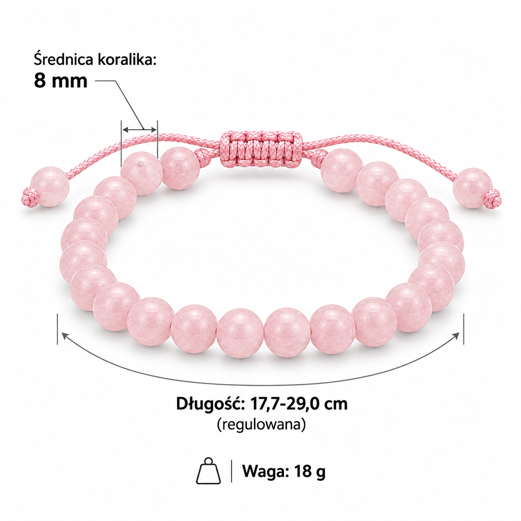 Specyfikacja bransoletki z różowego kwarcu: średnica koralika 8 mm, długość regulowana 17,7–29,0 cm, waga 18 g