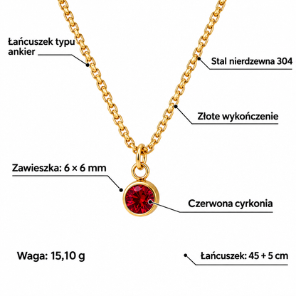 Specyfikacja złotego naszyjnika: stal 304, złote wykończenie, czerwona cyrkonia 6 × 6 mm, łańcuszek 45 + 5 cm, waga 15,10 g
