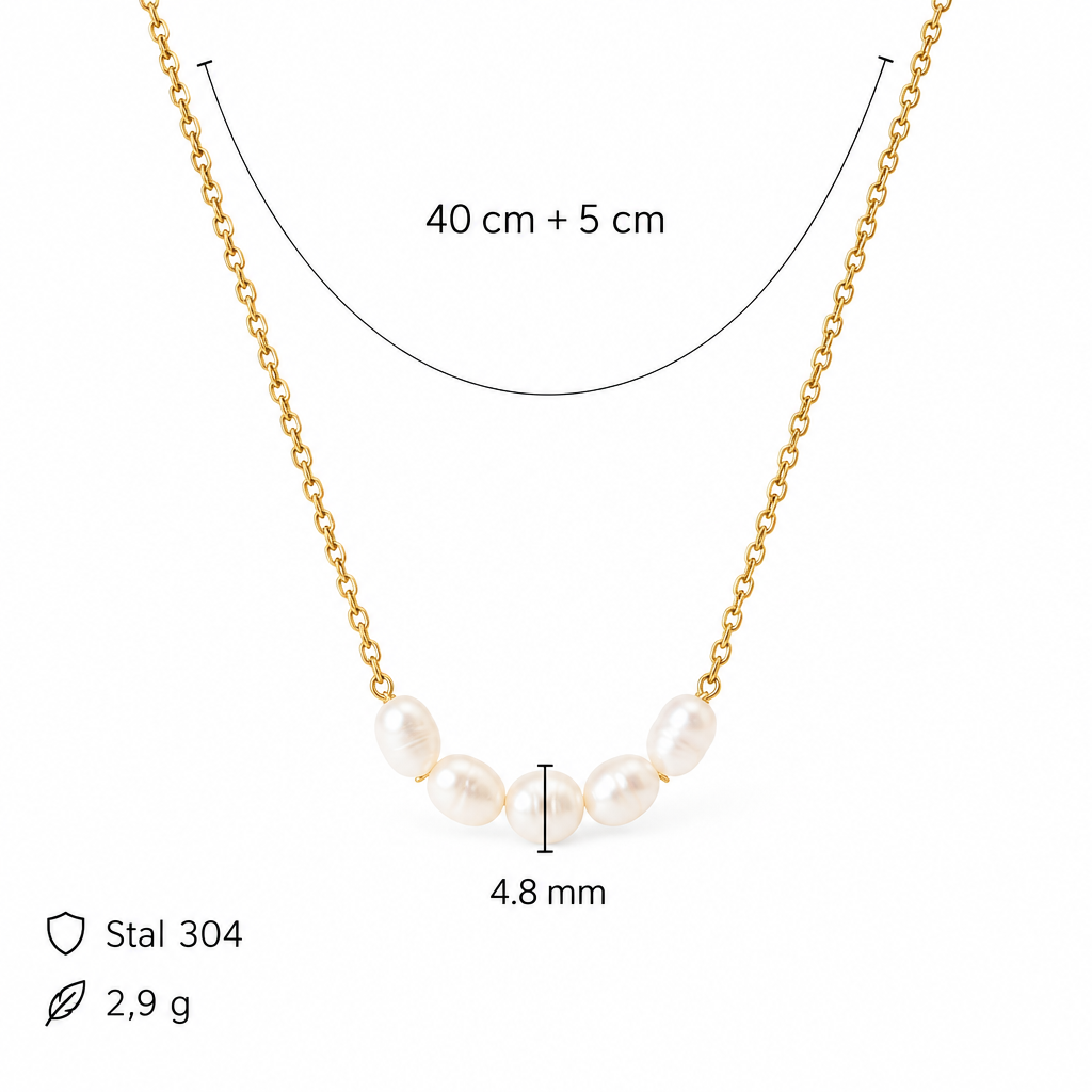 Wymiary naszyjnika z perłami: długość 40 cm + 5 cm, perła 4,8 mm, waga 2,9 g