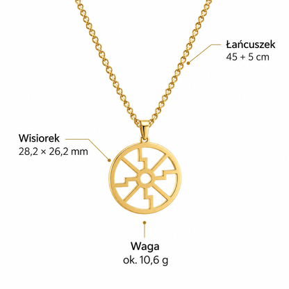 Specyfikacja złotego naszyjnika z geometrycznym medalionem – wisiorek 28,2 × 26,2 mm, łańcuszek 45 + 5 cm, waga ok. 10,6 g