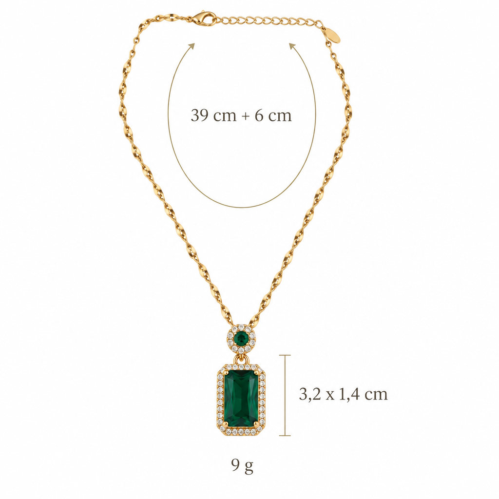 Wymiary naszyjnika ze szmaragdową cyrkonią: długość 39 cm + 6 cm, kamień 3,2 x 1,4 cm, waga 9 g
