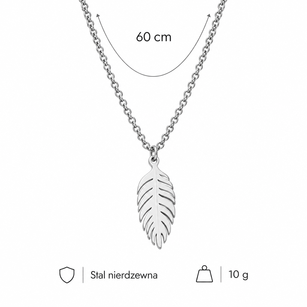 Wymiary naszyjnika z piórkiem: długość 60 cm, waga 10 g