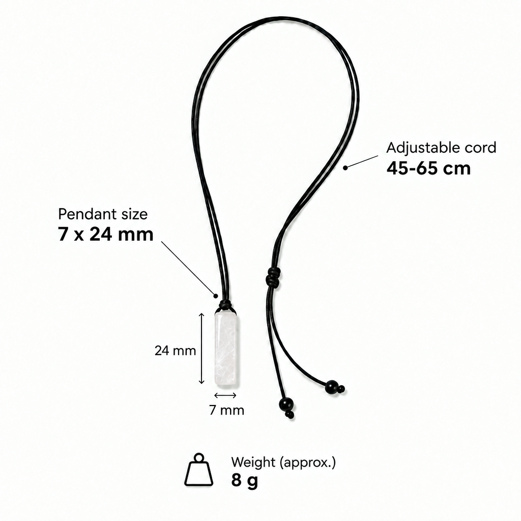 Specyfikacja naszyjnika z białym kryształem – wisiorek 7 × 24 mm, sznurek regulowany 45–65 cm, waga ok. 8 g