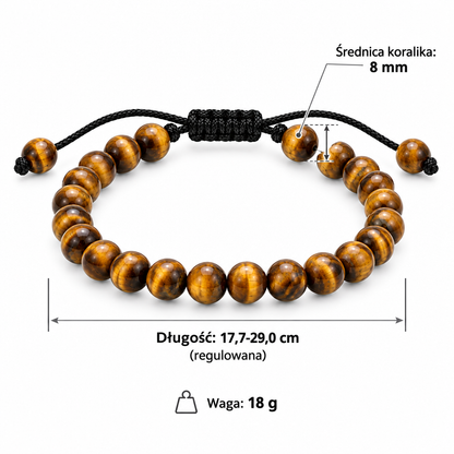 Specyfikacja bransoletki z tygrysiego oka: średnica koralika 8 mm, długość regulowana 17,7–29,0 cm, waga 18 g