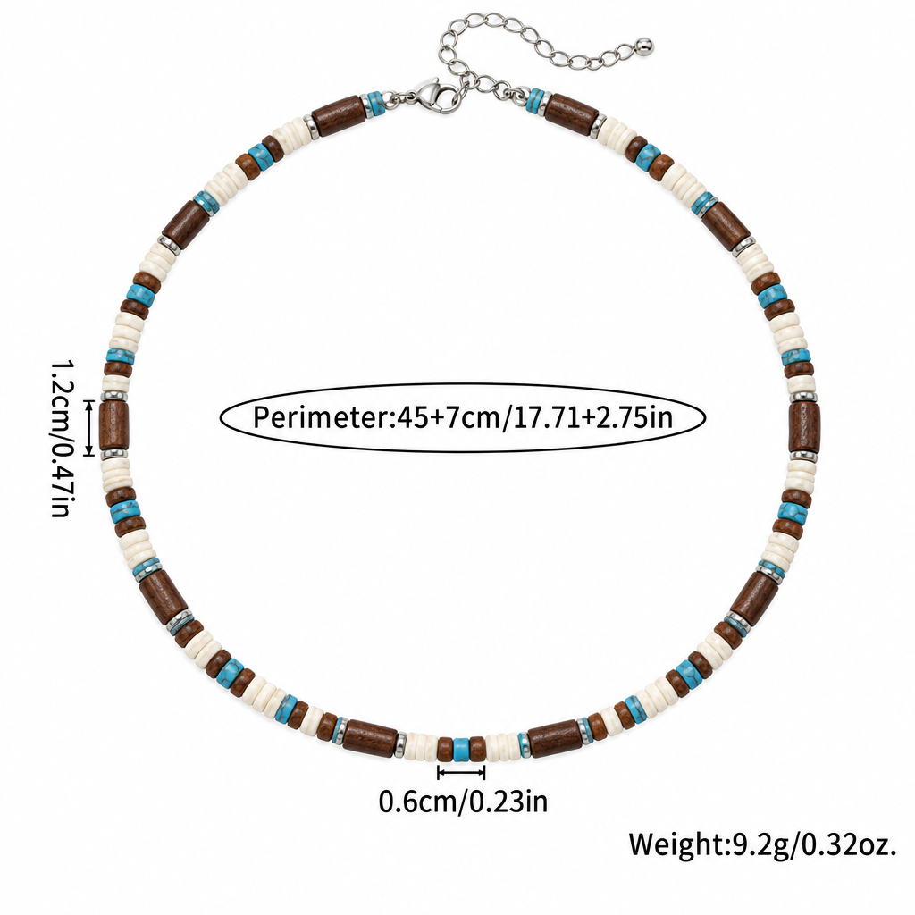 Specyfikacja naszyjnika boho – długość 45+7 cm, perły 1,2 i 0,6 cm, waga 9,2 g