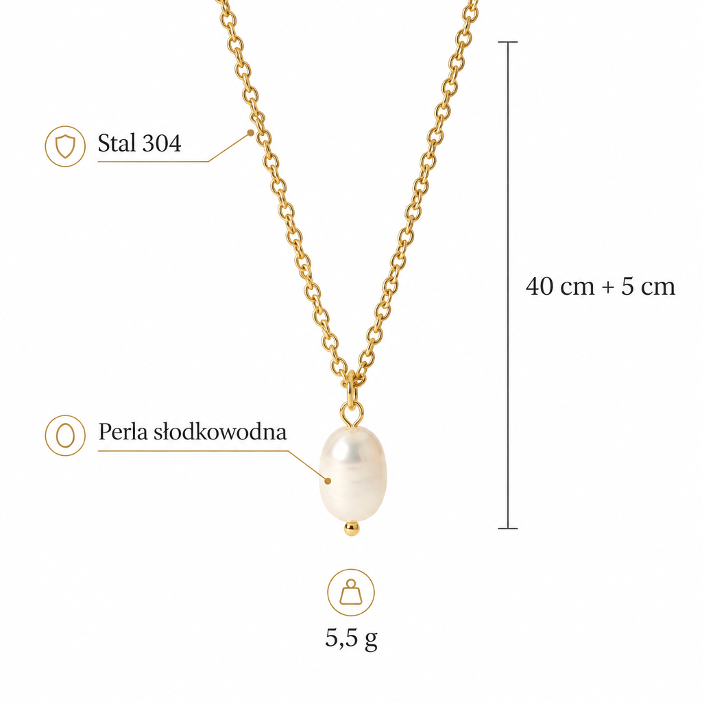 Wymiary naszyjnika z wisiorkiem z perły: długość 40 cm + 5 cm, waga 5,5 g