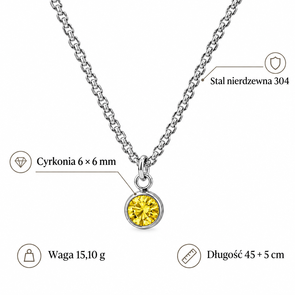 Specyfikacja naszyjnika ze stali nierdzewnej 304 z żółtą cyrkonią 6 × 6 mm, łańcuszkiem 45 + 5 cm i wagą 15,10 g