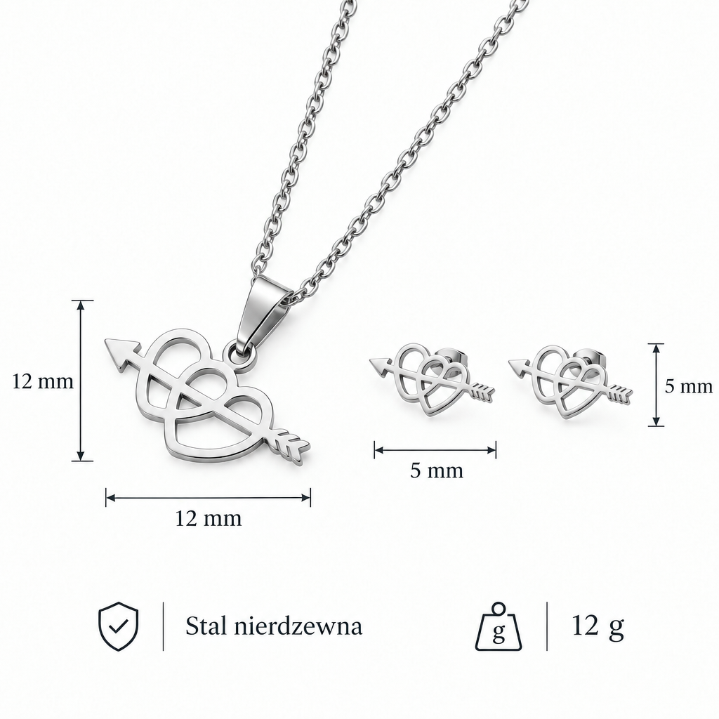 Wymiary srebrnego zestawu serce ze strzałą: 12 mm x 5 mm, waga 12 g