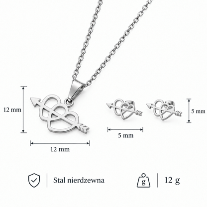 Wymiary srebrnego zestawu serce ze strzałą: 12 mm x 5 mm, waga 12 g