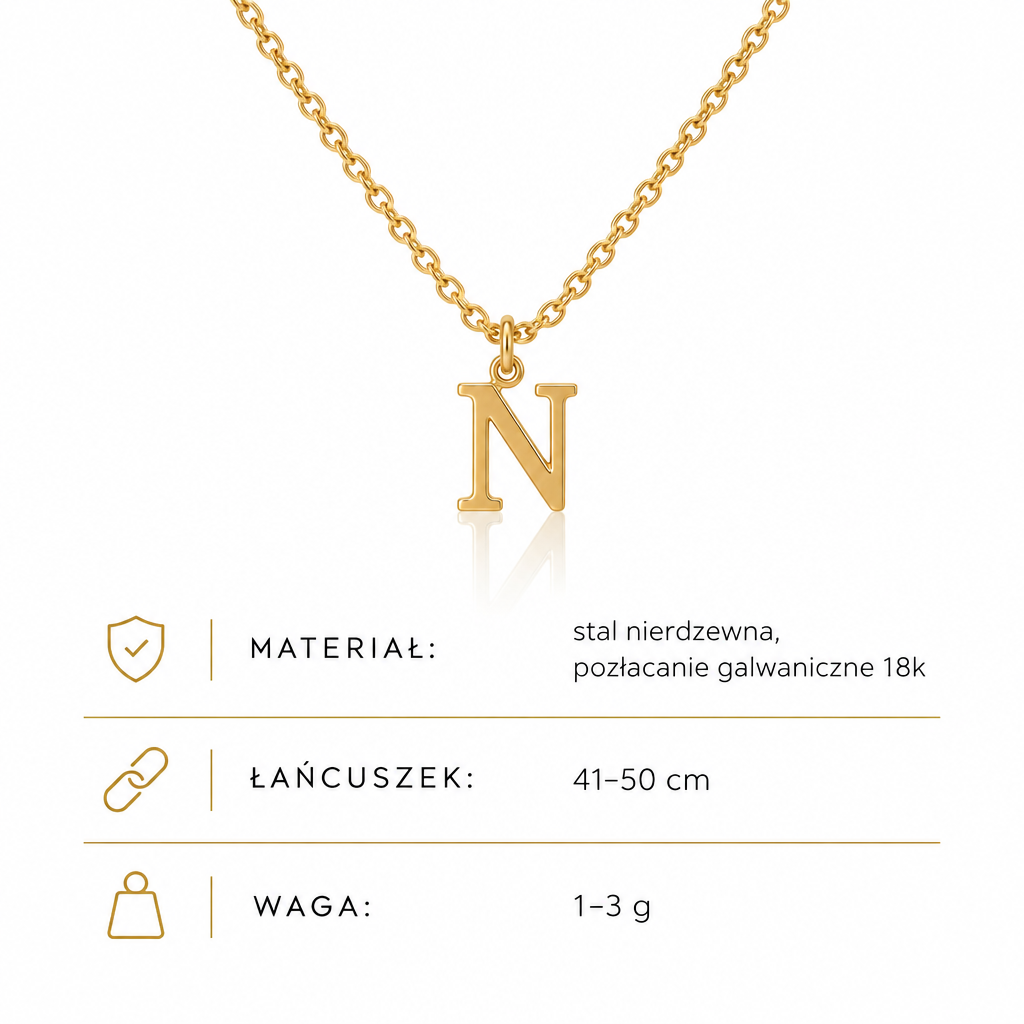 Specyfikacja złotego naszyjnika z literą N: łańcuszek 41–50 cm, waga 1–3 g