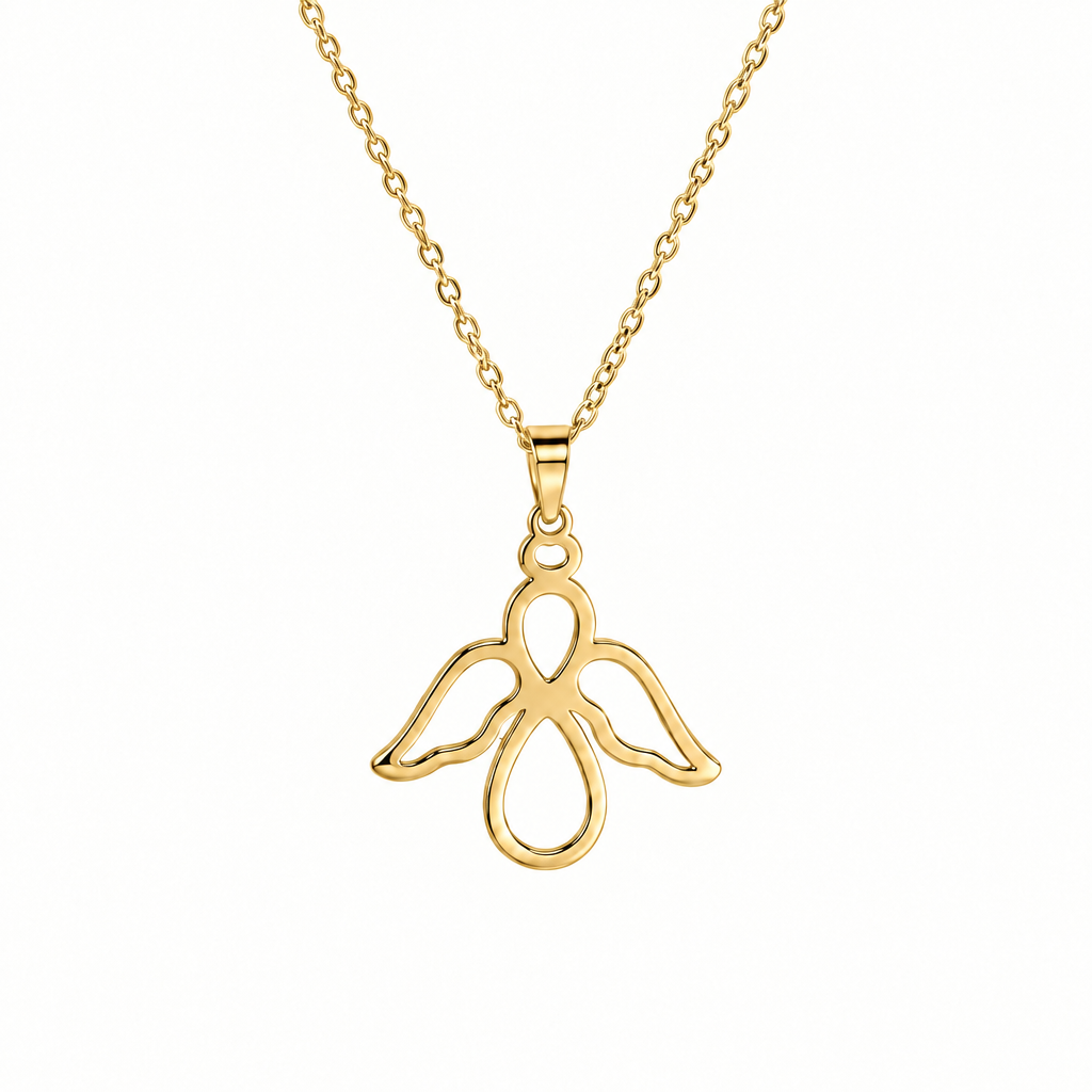 Złoty naszyjnik ze stali nierdzewnej z zawieszką anioł-nieskończoność na białym tle – 3PAY2