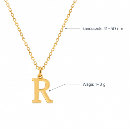 Złoty naszyjnik z literą R – specyfikacja: łańcuszek 41–50 cm, waga 1–3 g