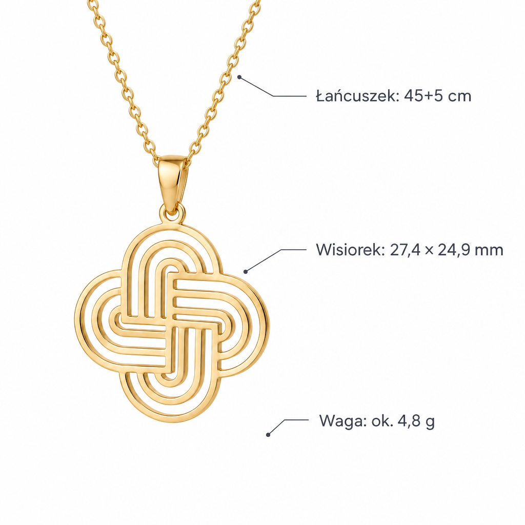 Złoty naszyjnik z węzłem celtyckim – specyfikacja: łańcuszek 45+5 cm, wisiorek 27,4×24,9 mm, waga ok. 4,8 g