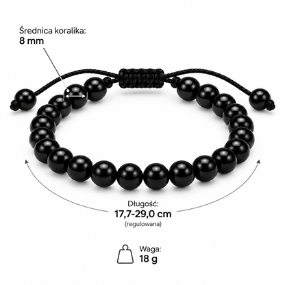 Specyfikacja bransoletki z czarnego agatu: średnica koralika 8 mm, długość regulowana 17,7–29,0 cm, waga 18 g