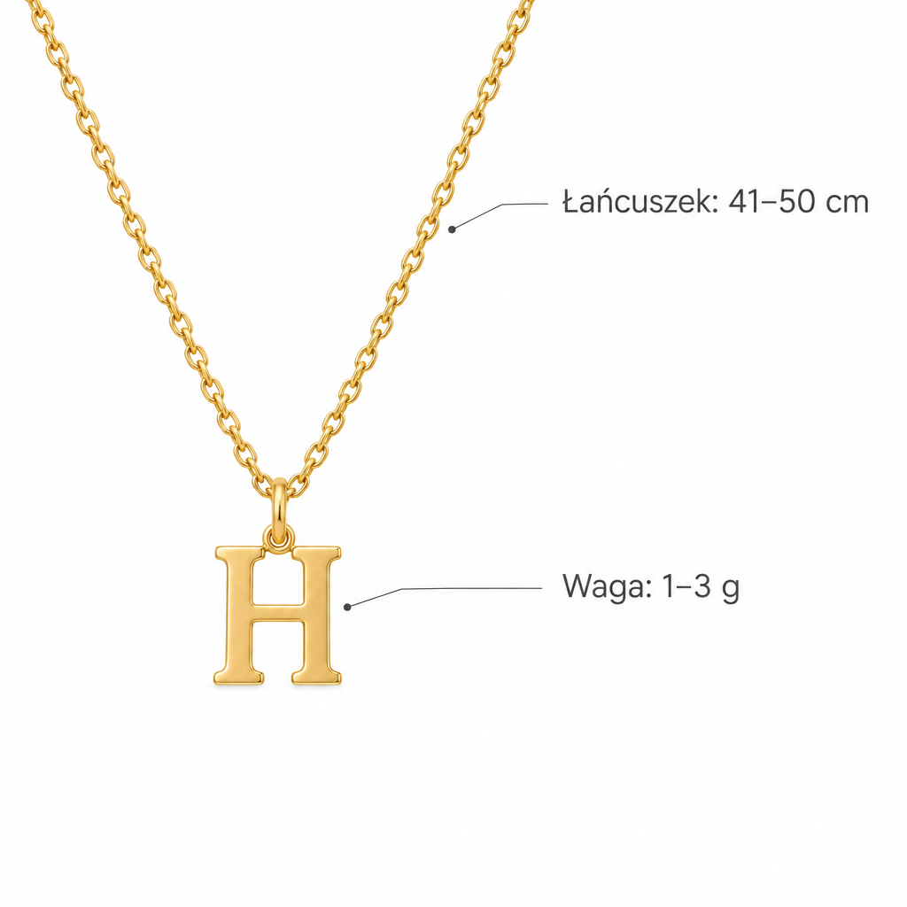 Złoty naszyjnik z literą H – specyfikacja: łańcuszek 41–50 cm, waga 1–3 g