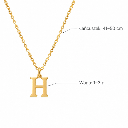Złoty naszyjnik z literą H – specyfikacja: łańcuszek 41–50 cm, waga 1–3 g