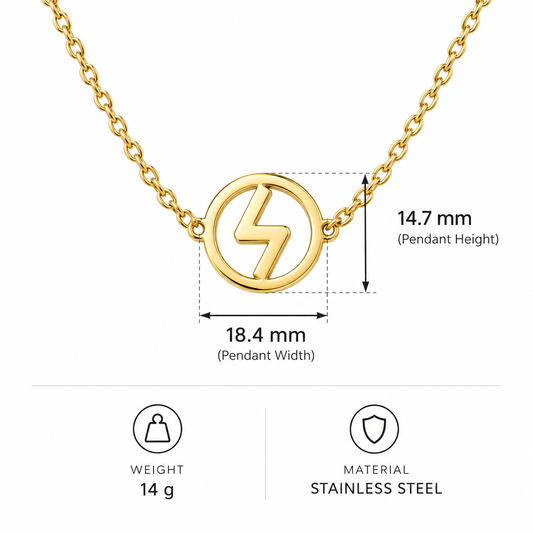 Wymiary i specyfikacja zlotego naszyjnika z symbolem blyskawicy 14,7 na 18,4 mm