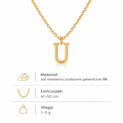 Specyfikacja złotego naszyjnika z literą U: łańcuszek 41–50 cm, waga 1–3 g
