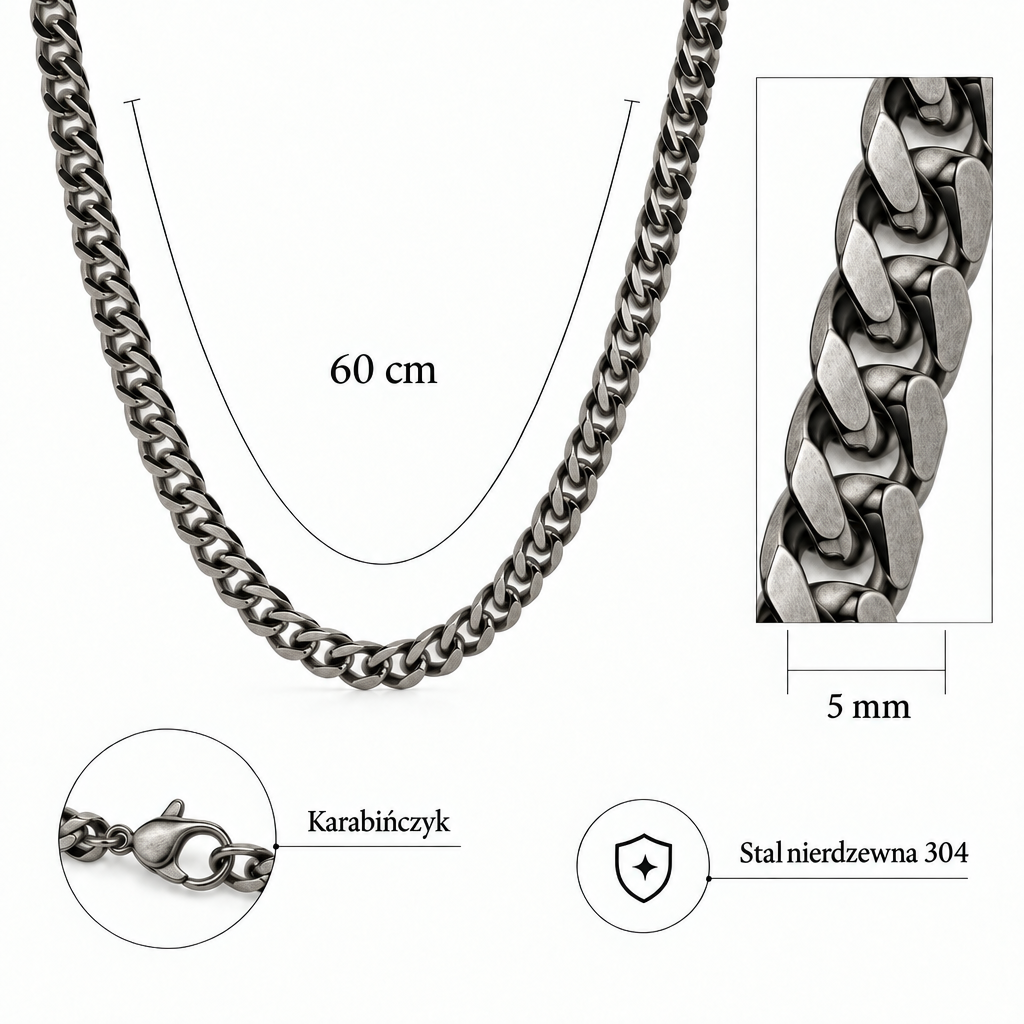 Wymiary naszyjnika pancerka vintage silver ze stali 304: długość 60 cm, szerokość 5 mm