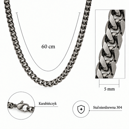 Wymiary naszyjnika pancerka vintage silver ze stali 304: długość 60 cm, szerokość 5 mm
