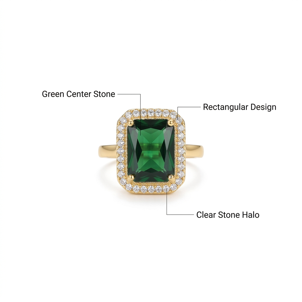 Pierścionek z zielonym kamieniem, angielski opis detali na białym tle