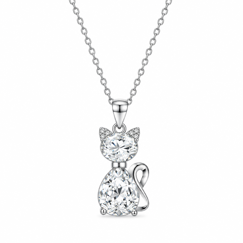 Srebrny naszyjnik z zawieszką kota z dużym kryształem i kamieniami strass na srebrnym łańcuszku ankier, na białym tle