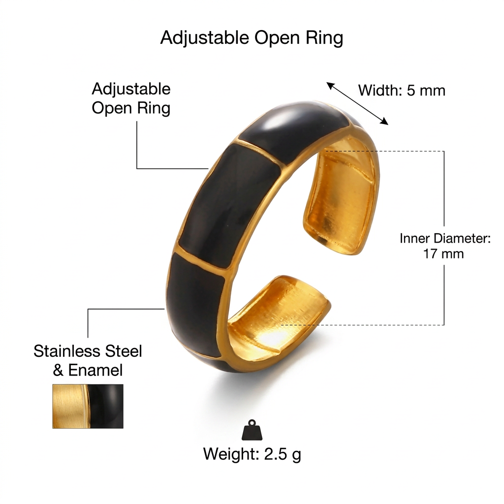 Złoto-czarny pierścionek, specyfikacja 5 mm, 17 mm i 2,5 g na białym tle
